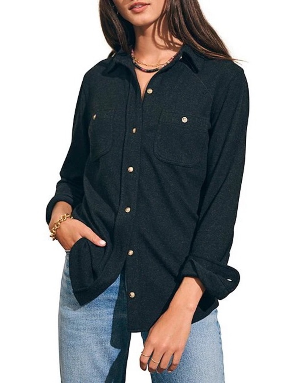 Faherty Legend Sweater Shirt Button Down Heathered Black Twill Women Size XL